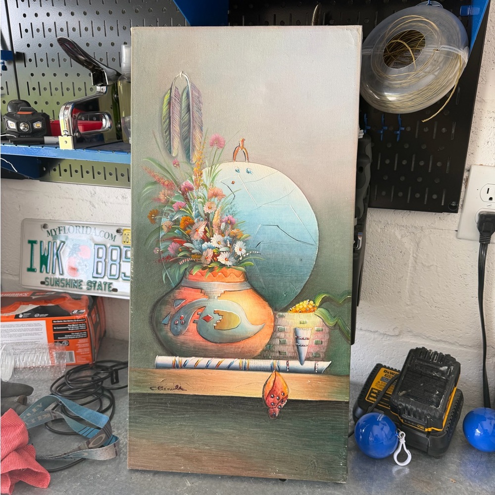 Vintage Floral Vase Art Print with Feathers